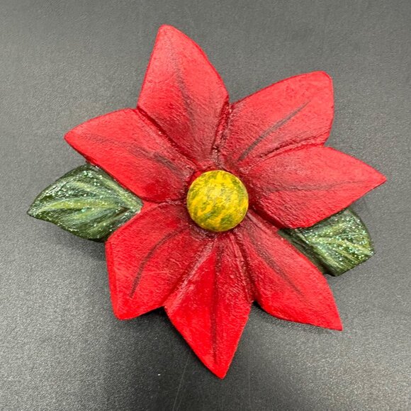 Christmas Brooch Pin Handcrafted Wooden Poinsettia Red Flower Holiday Jewelry - Picture 2 of 8